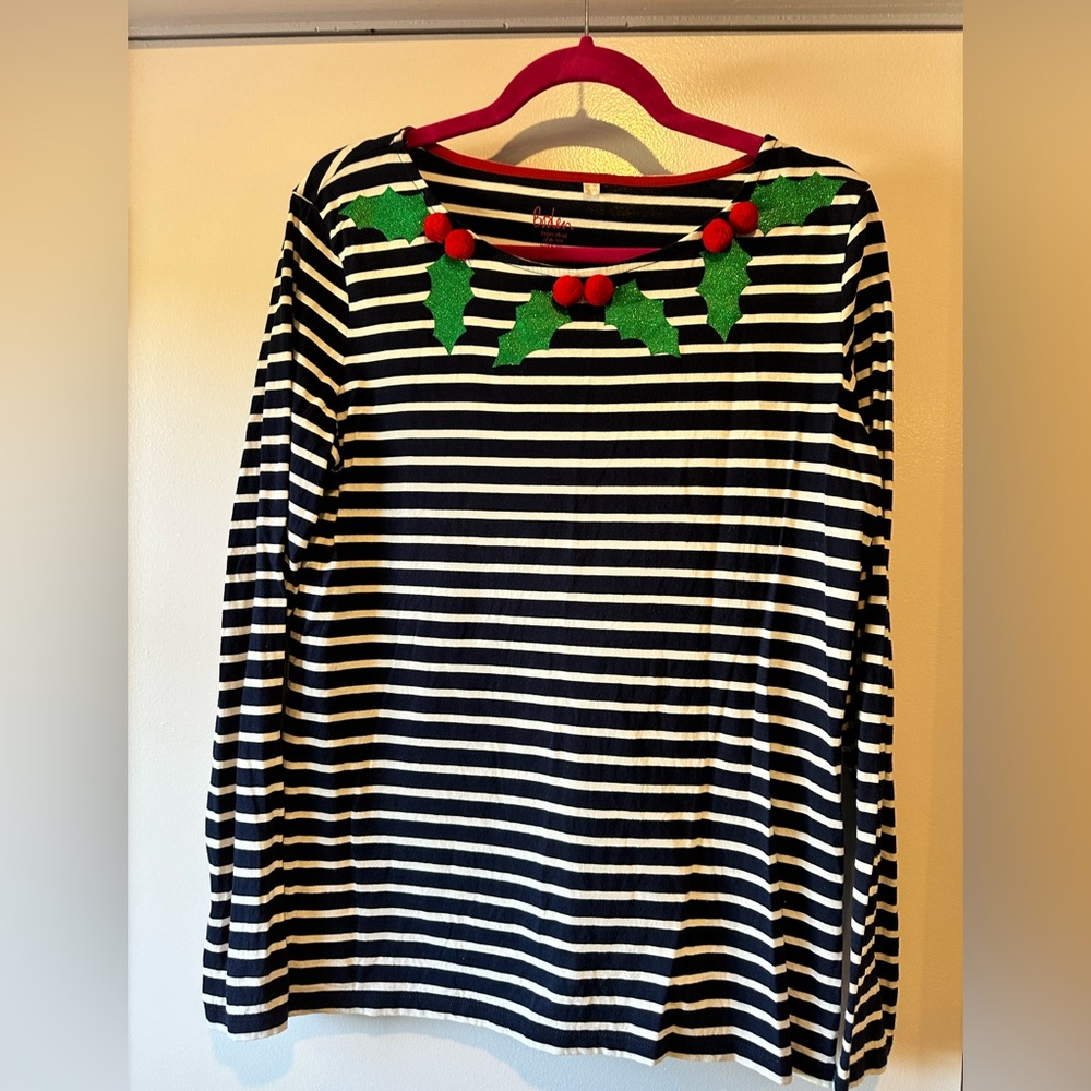 Boden holiday Striped Long Sleeve Top with Festive Accents